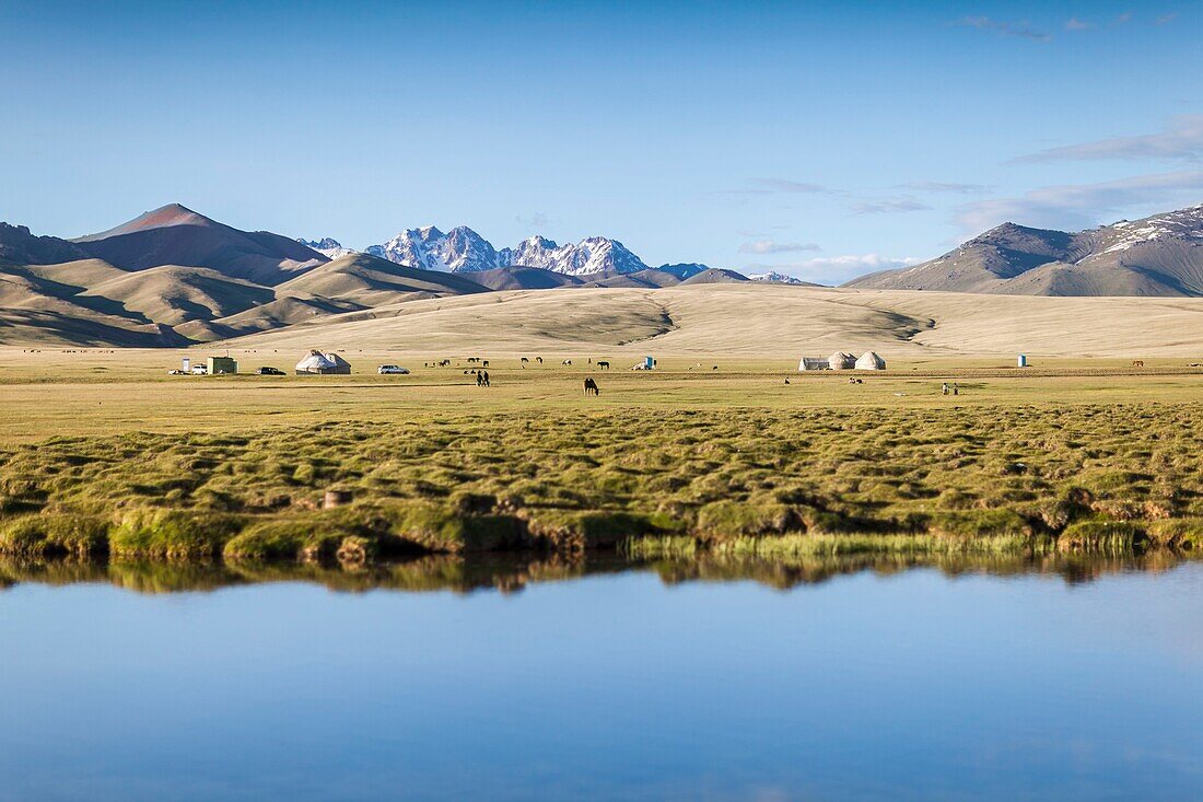 Kyrgyzstan, Naryn province, Son-Kol lake, altitude 3000m, yurt camp, lake and mountains in the background