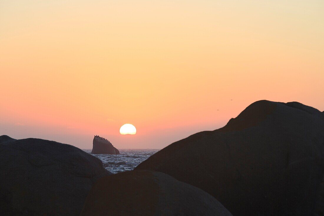 Südafrika, Westkap, Granitformationen gegen Sonnenuntergang an der Küste von Cape Columbine in Paternoster