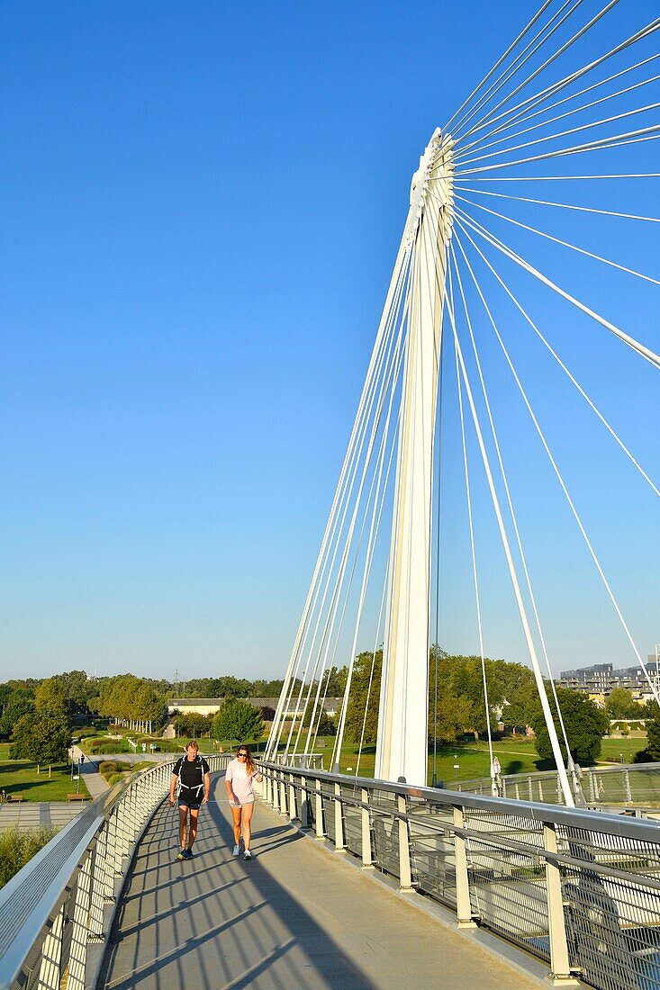 Frankreich, Bas Rhin, zwischen Straßburg und Kehl in Deutschland, der Garten der zwei Flüsse, der Rhein, die Mimram-Brücke, die die beiden Teile des Gartens verbindet