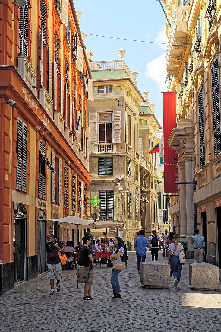 Italy, Liguria, Genoa, Via Garibaldi, Palazzi delle Strade Nuove, frontage of Palazzo Rosso and Palazzo Bianco are part of the Palazzi dei Rolli 42 listed as World Heritage by UNESCO