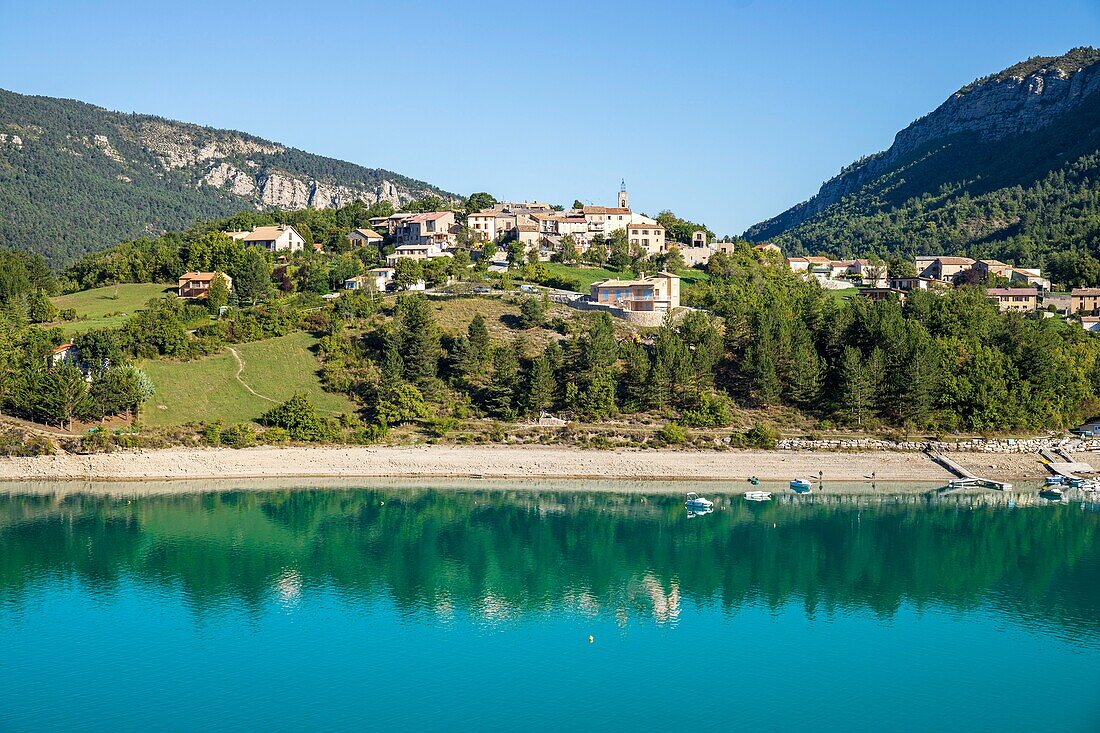 France, Alpes-de-Haute-Provence, Verdon Regional Nature Park, Saint-Julien-du-Verdon and Lake Castillon formed by the Verdon