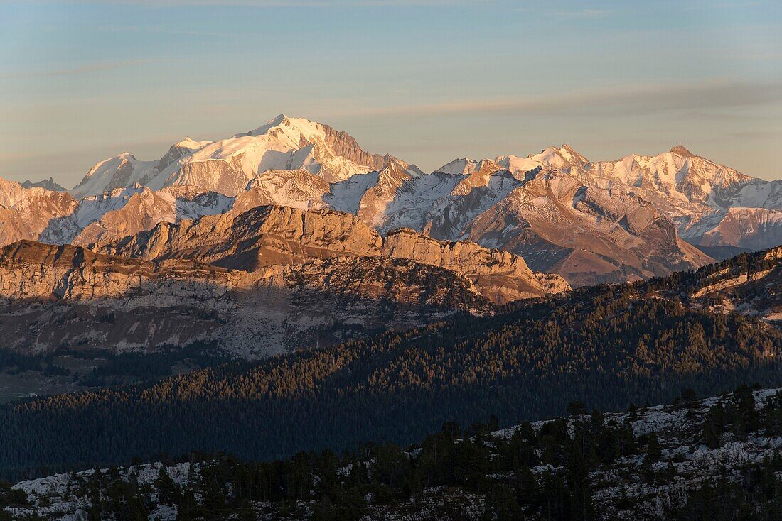 France, Haute Savoie, Bornes massif, Glieres, itinerant trek day 1, from the summit of Parmelan view towards the Mont Blanc massif at sunset