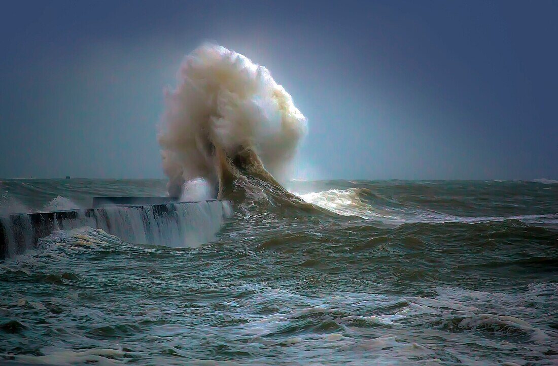 France, Morbihan, Ploemeur, Port de Lomener, wave on the dike during a storm