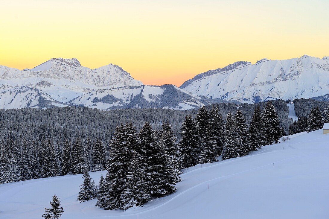 France, Savoie, Massif of Beaufortain sunrise on the Aravis massif from the Col des Saisies