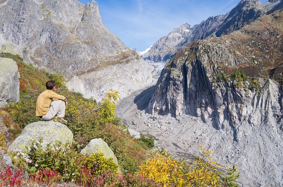 Switzerland, Valais, Aletsch region, home to largest glacier in the Alps, Fiesch glacier retreat due to global warming