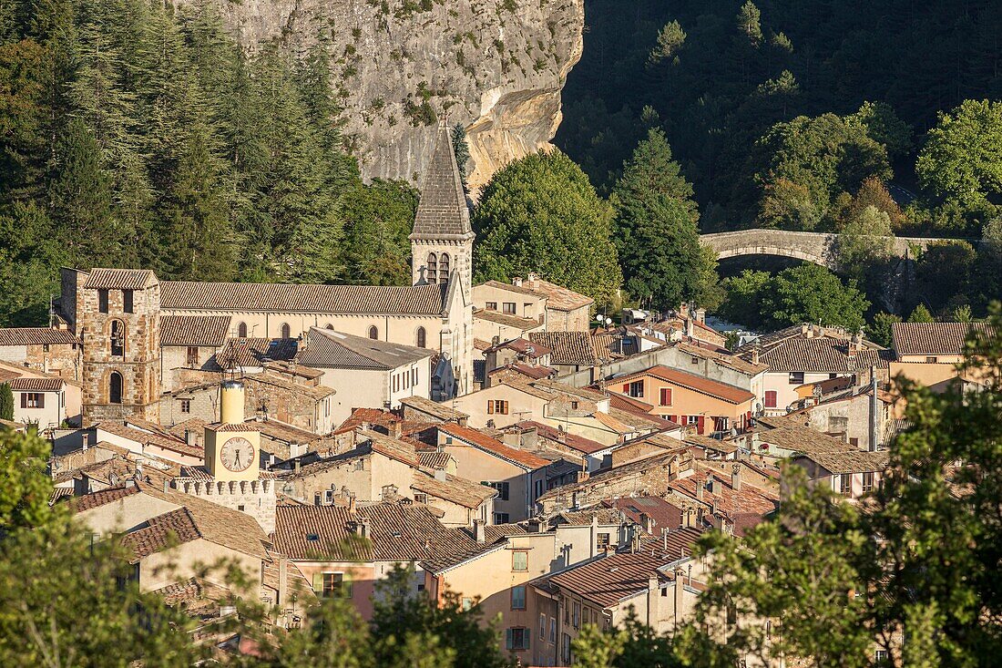 France, Alpes-de-Haute-Provence, Regional Natural Park of Verdon, Castellane, view of the roofs of the city, on the left the Clock Tower, the bell tower of the Saint Victor church and the Sacré Coeur church