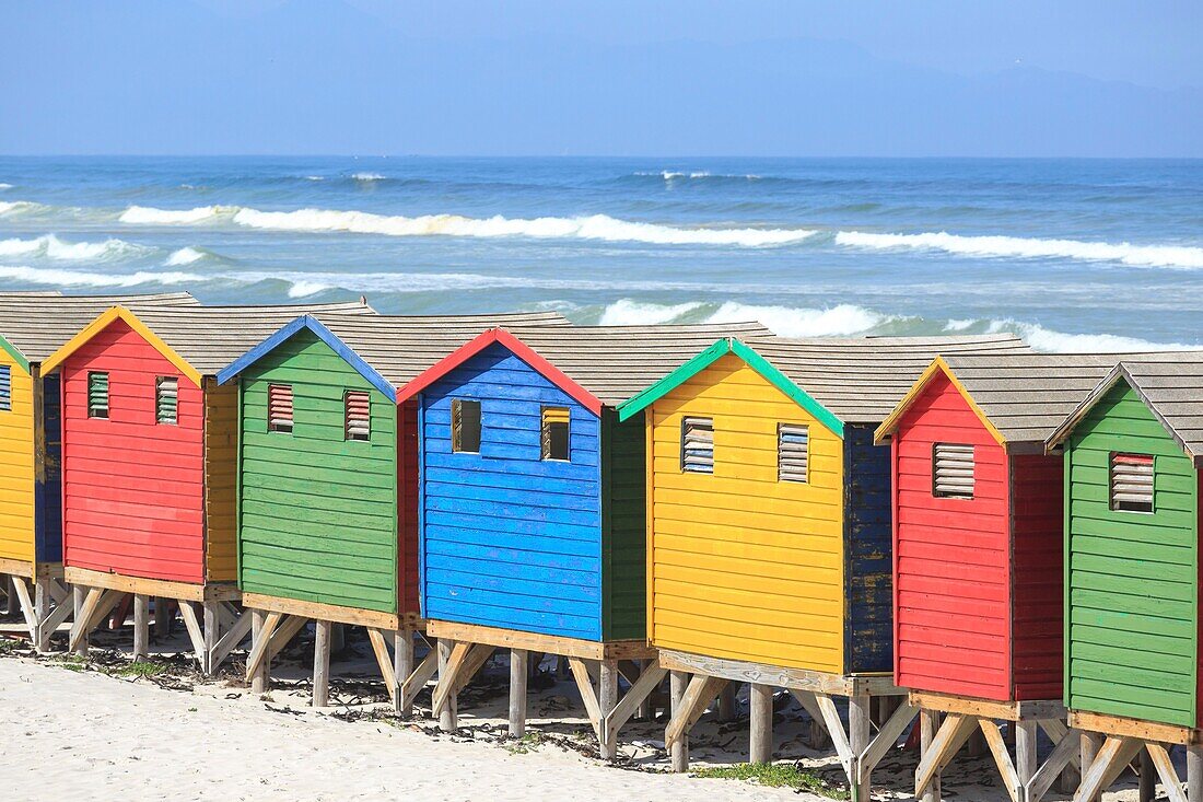 Südafrika, Westkap, Bunte Strandhütten am Muizenberg Beach in Kapstadt