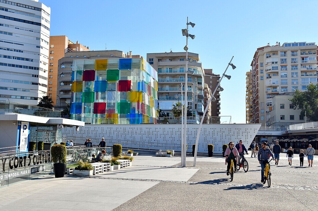 Spain, Andalusia, Costa del Sol, Malaga, the waterfront on the port, The Pompidou Art Centre the Cube by Daniel Buren