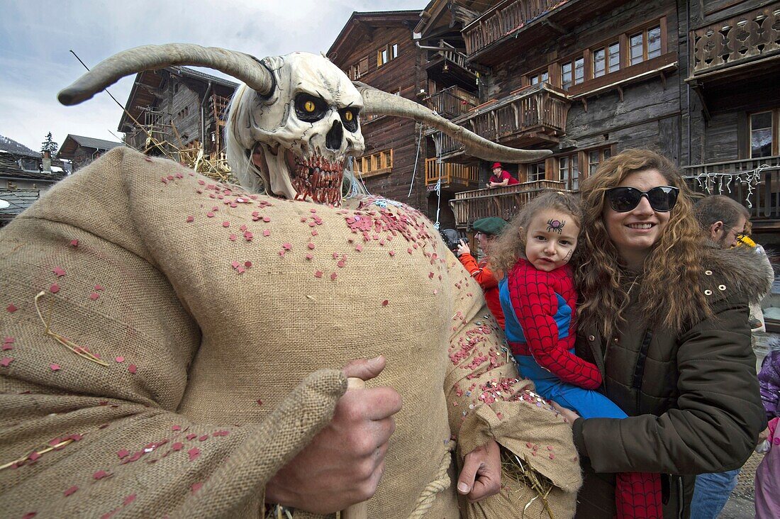 Switzerland, Valais, Evolene valley, Evolene, Carnaval with the Empailles and the Peluches who come from Pagan rites and go around the villages to frighten the bad spirits of winter