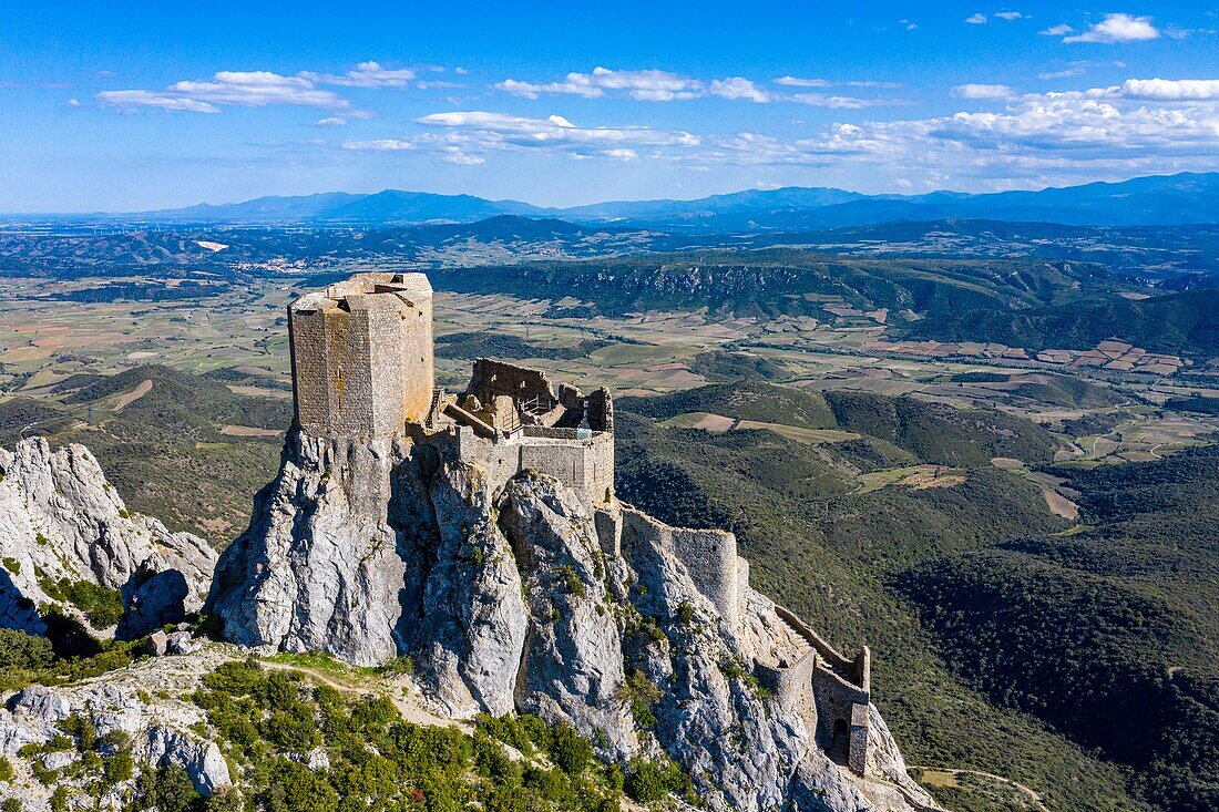 France, Aude, cathare castle of Quéribus, from a drone machine