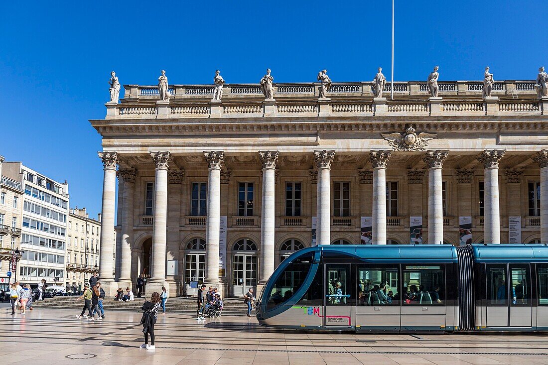 France, Gironde, Bordeaux, area classified as World Heritage by UNESCO, the Golden Triangle, Quinconces district, Place de la Comédie, TBM network tram in front of the Grand-Théâtre, built by architect Victor Louis from 1773 to 178