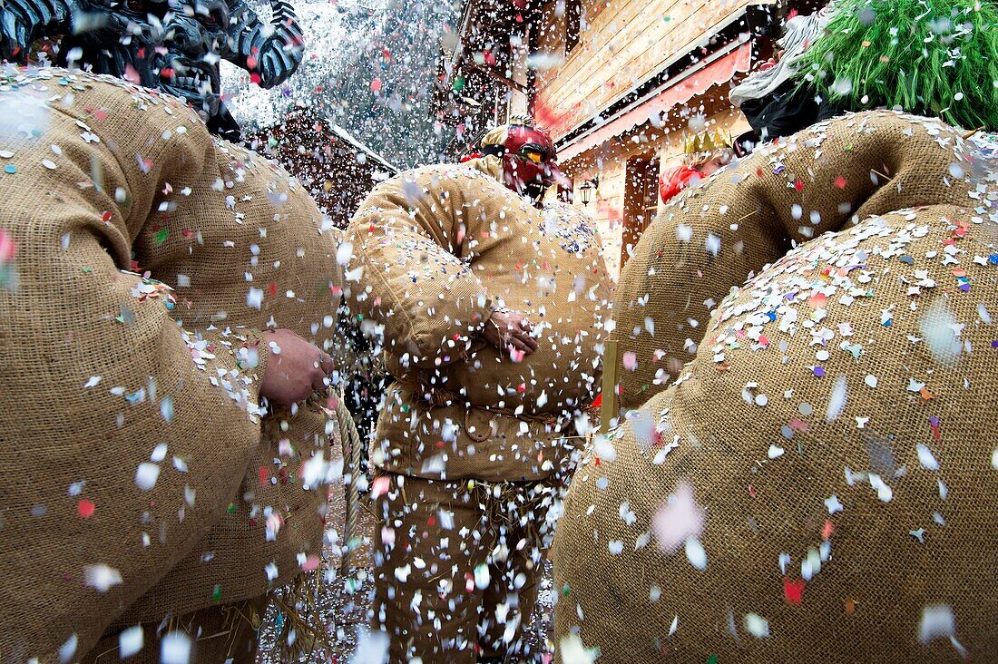 Switzerland, Valais, Evolene valley, Evolene, Carnaval with the Empailles and the Peluches who come from Pagan rites and go around the villages to frighten the bad spirits of winter