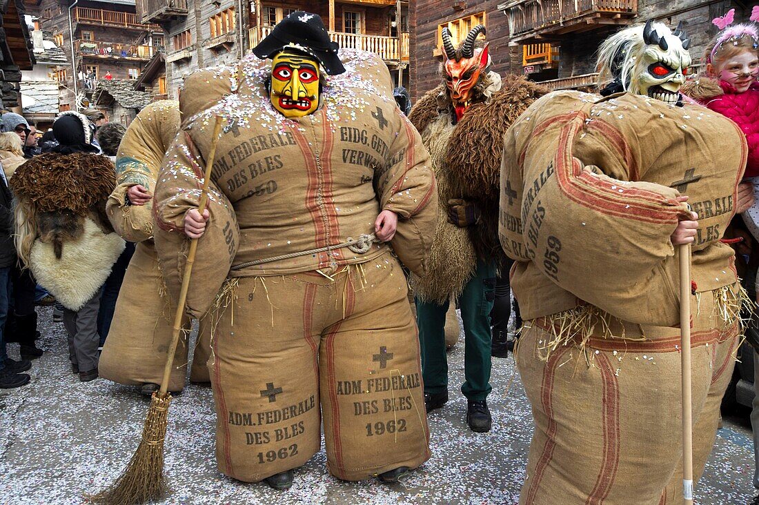 Switzerland, Valais, Evolene valley, Evolene, Carnaval with the Empailles and the Peluches who come from Pagan rites and go around the villages to frighten the bad spirits of winter