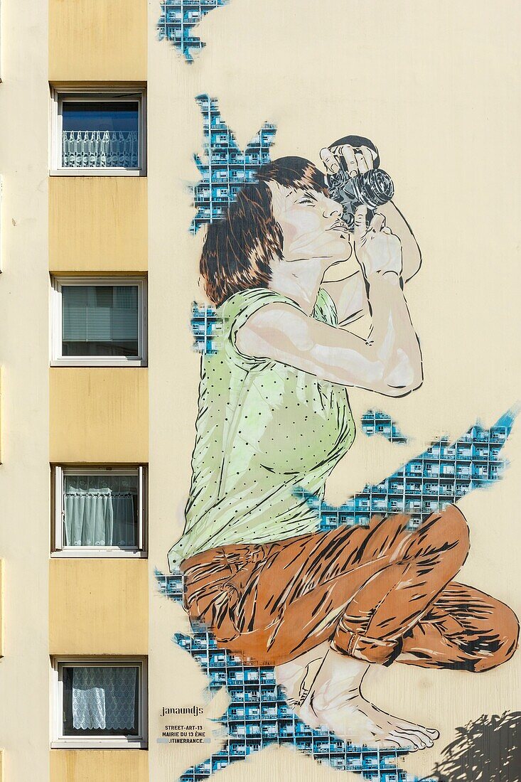 France, Paris, mural on the facade of an apartment building located in Rue Jeanne d'Arc by street artists Jana and Js under the name of JanaundJs