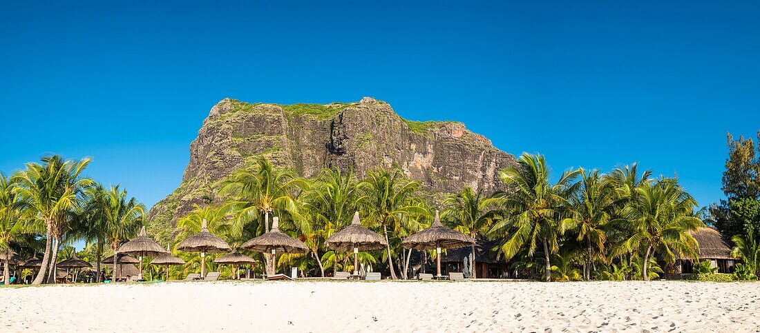 Mauritius, Riviere Noire district, Morne beach in front of Dinarobin Beachcomber Golf Resort & Spa luxury hotel and Morne Brabant listed as World Heritage by UNESCO