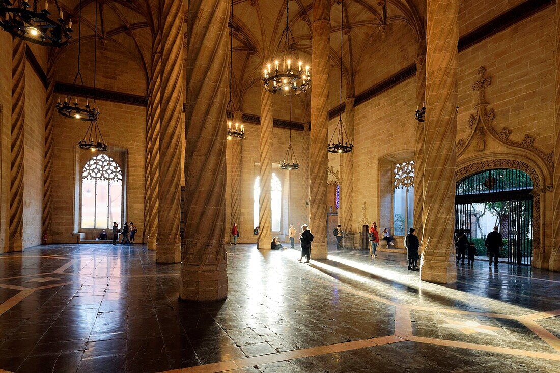 Spain, Valencia, historical center, the Silk Exchange, La Llotja (Lonja de la Seda), in Gothic style, listed as World Heritage by UNESCO, the gothic flamboyant silk trade, Hall of Columns