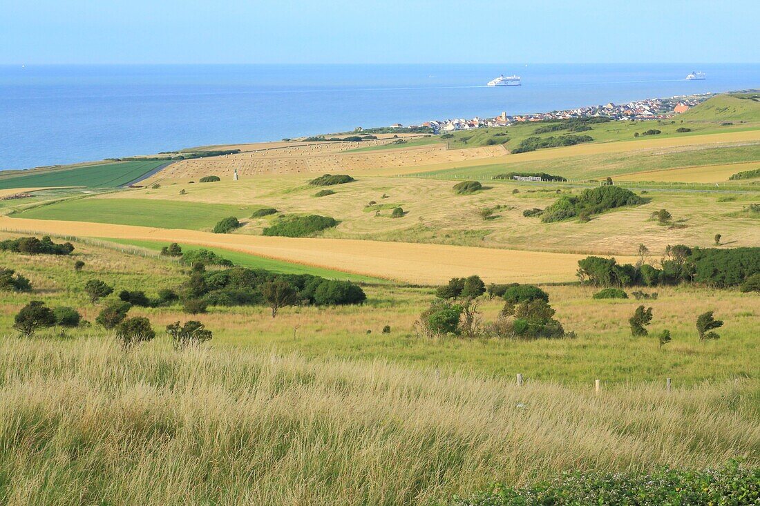 France, Pas de Calais, Escalles, Cap Blanc Nez (labeled Grand Site de France and part of the Capes et Marais d'Opale regional natural park), ferry far away