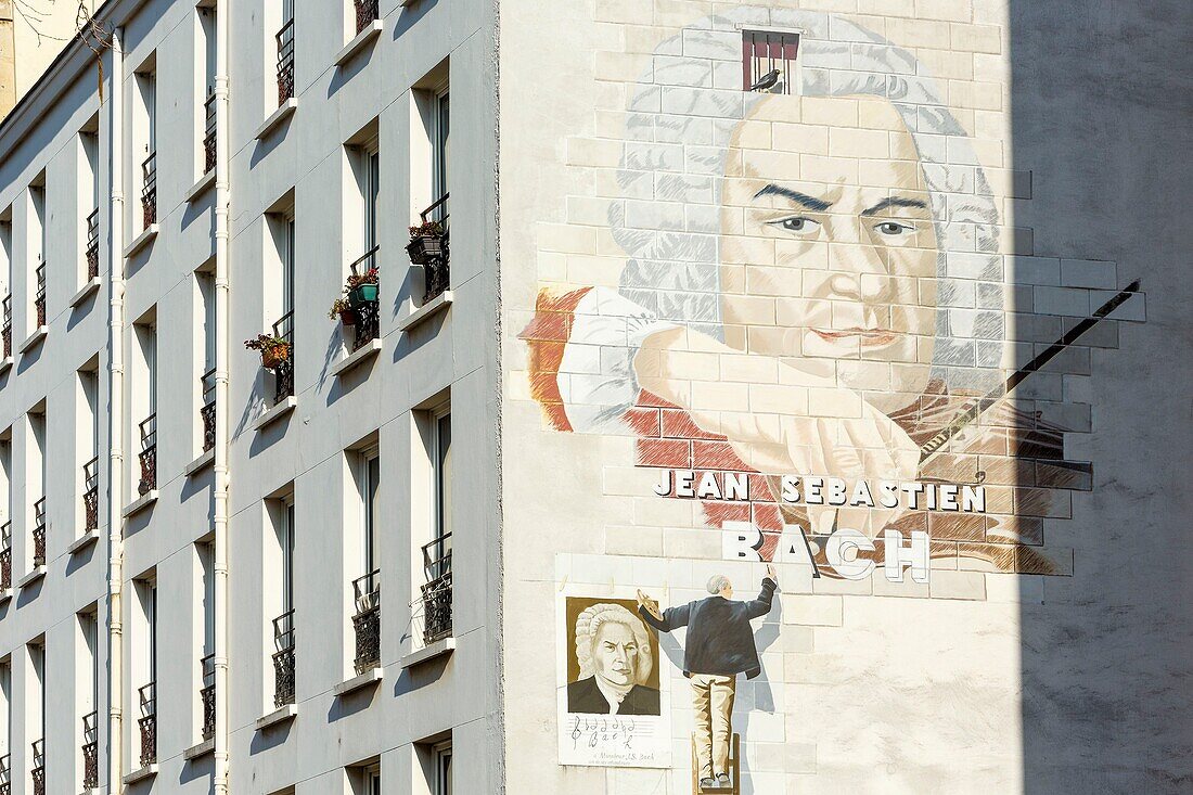 France, Paris, mural representing Jean Sebastien Bach on the facade of an apartment building in Rue Jean Sebastien Bach by artist Fabio Rieti