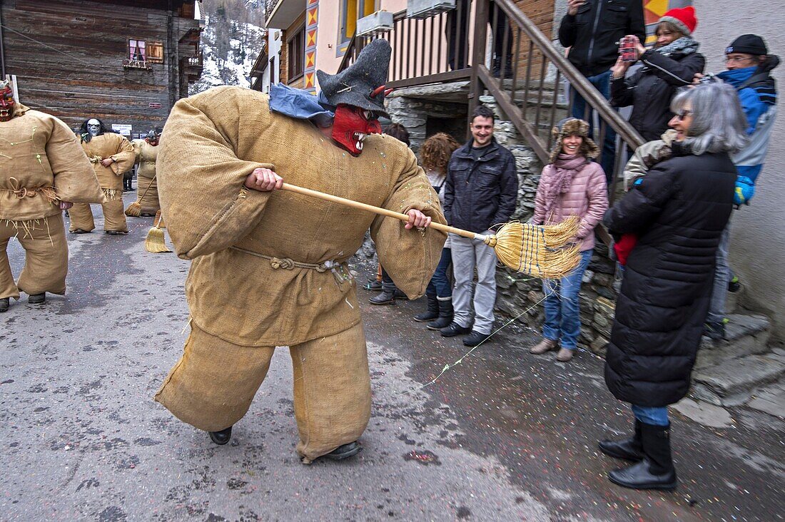 Switzerland, Valais, Evolene valley, Evolene, Carnaval with the Empailles and the Peluches who come from Pagan rites and go around the villages to frighten the bad spirits of winter