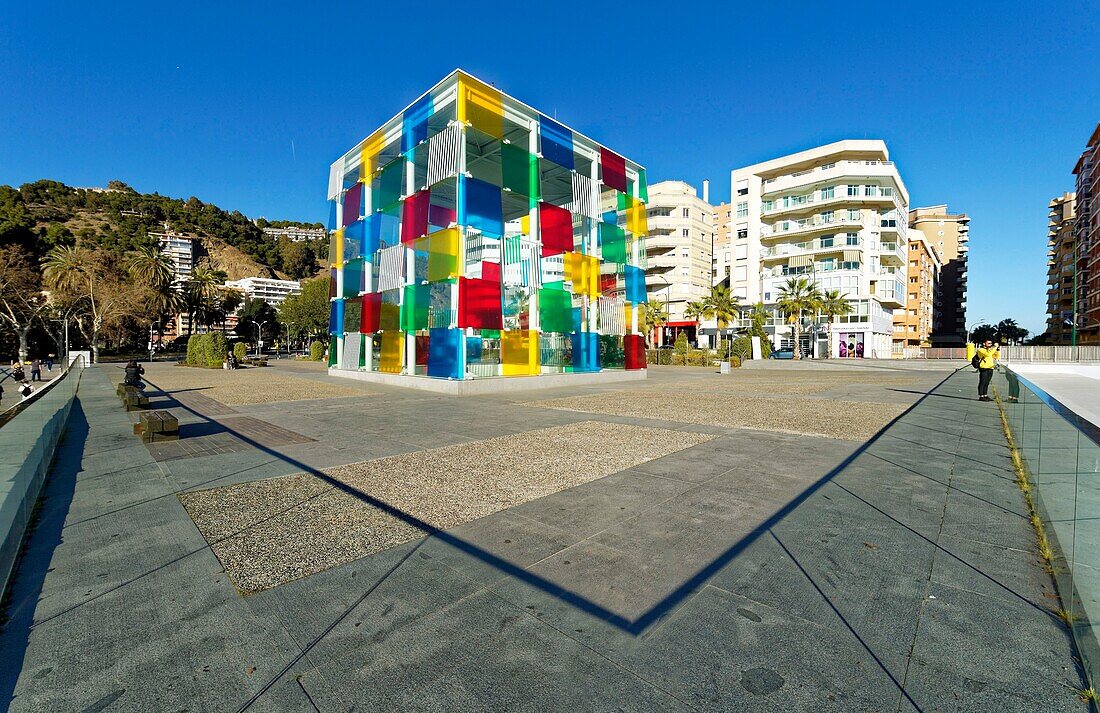 Spain, Andalusia, Costa del Sol, Malaga, the waterfront on the port, The Pompidou Art Centre the Cube by Daniel Buren