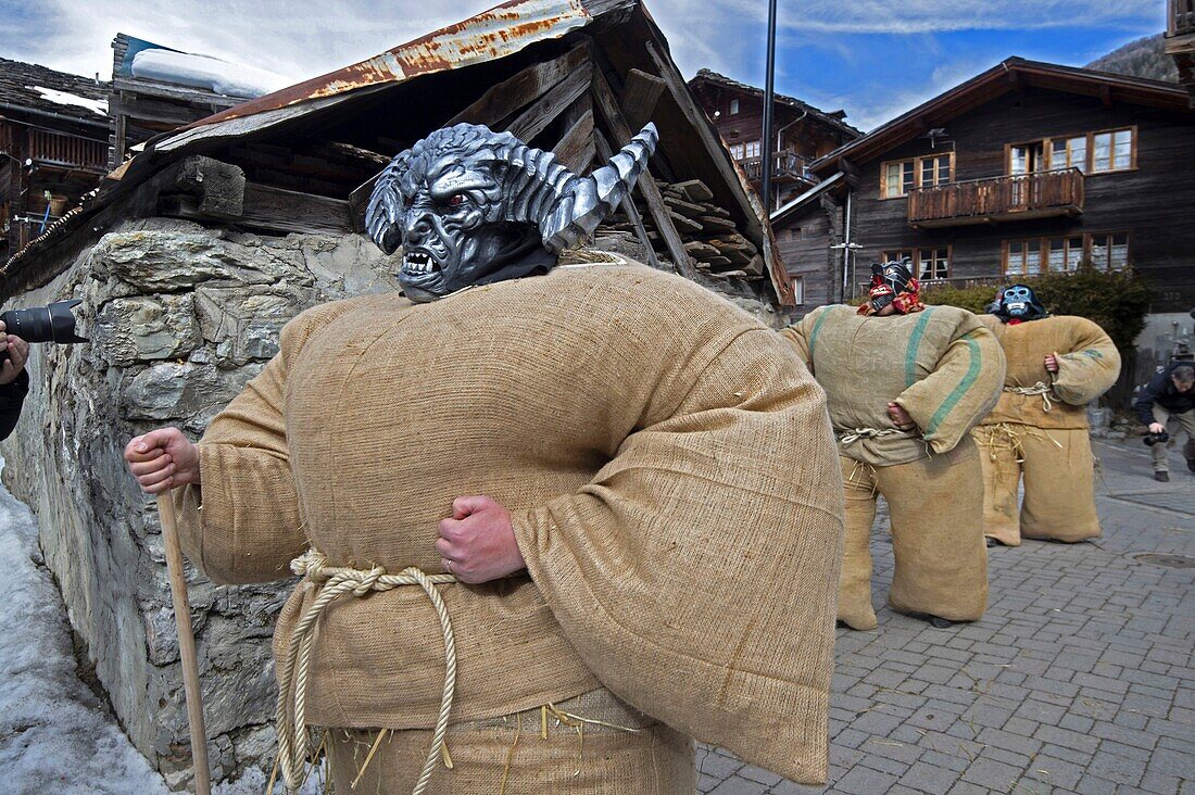 Switzerland, Valais, Evolene valley, Evolene, Carnaval with the Empailles and the Peluches who come from Pagan rites and go around the villages to frighten the bad spirits of winter