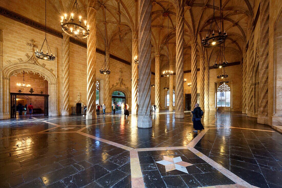 Spain, Valencia, historical center, the Silk Exchange, La Llotja (Lonja de la Seda), in Gothic style, listed as World Heritage by UNESCO, the gothic flamboyant silk trade, Hall of Columns