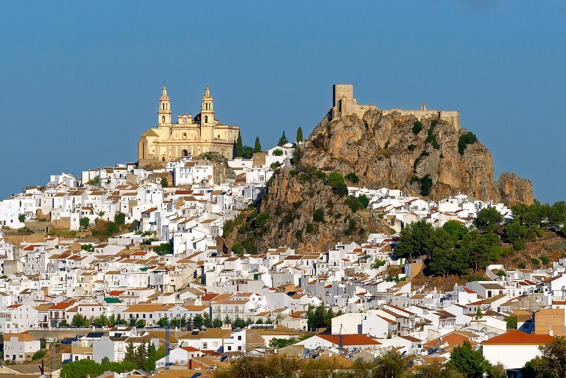 Spain, Andalucia, Cadiz province, white village of Olvera, the Church of Our Lady of the Incarnation and the Arabic fortress