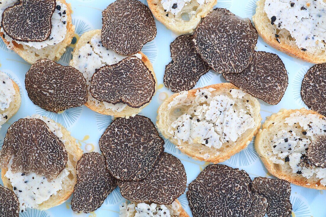 Frankreich,Correze,Causses,Scheiben von schwarzen Trüffeln (Tuber Melanosporum) mit Brot und Trüffelbutter