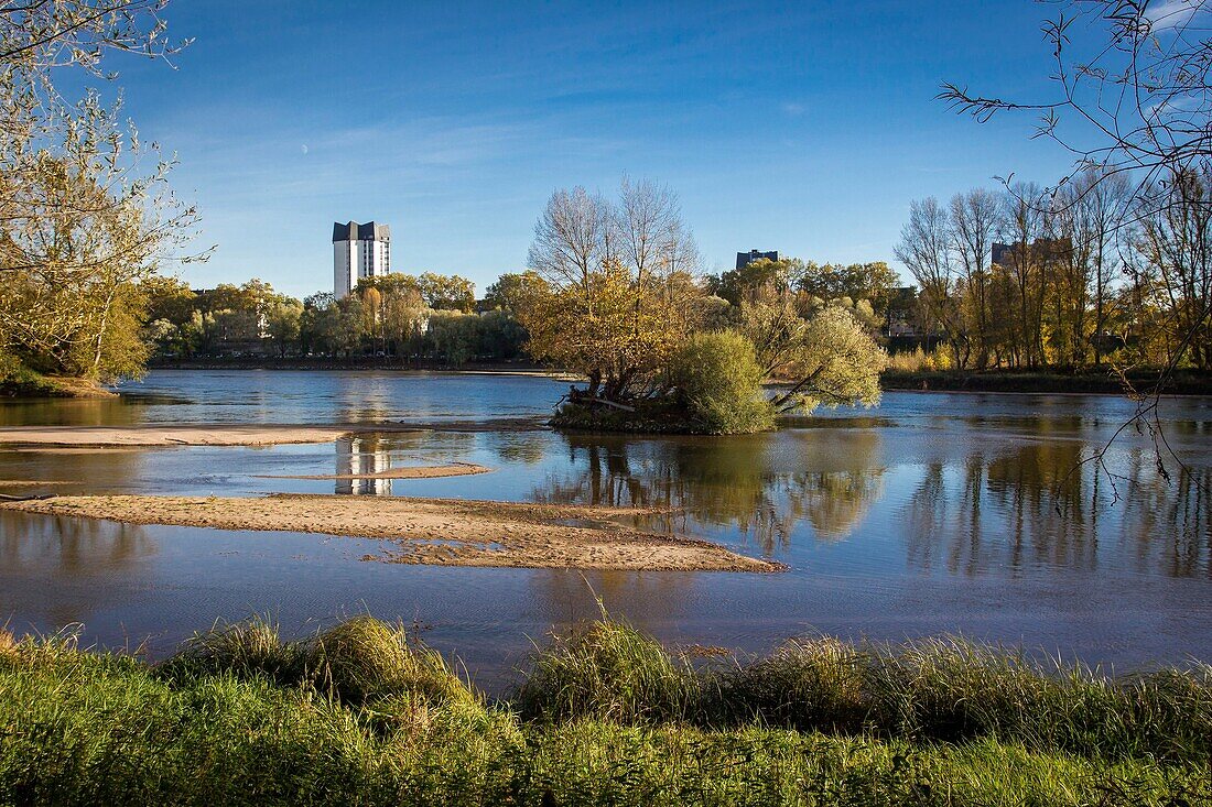 Frankreich, Indre et Loire, Loire-Tal als UNESCO-Welterbe, Tours, die Loire in Tours, Abendlicht auf der Loire, ihre Sandbänke und der Ballan-Turm