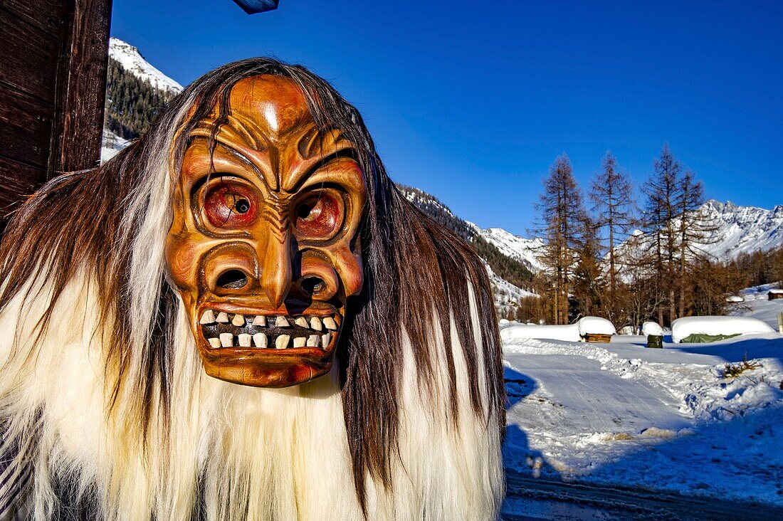 Switzerland, Valais, Lotschental valley, Blatten,Tschaggatta mask for Carnival