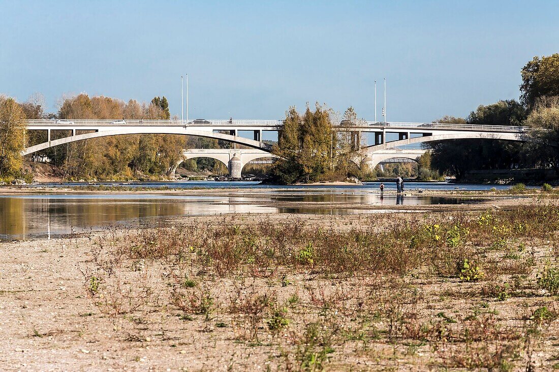 Frankreich,Indre et Loire,Loire-Tal,von der UNESCO zum Weltkulturerbe erklärt,Tours,die Loire in Tours,wilde Sommervegetation an den Loire-Stränden und Wanderer mit der Napoleon- und der Wilson-Brücke