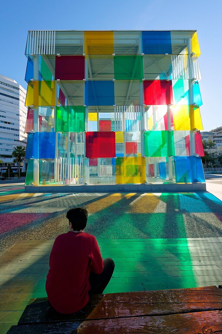 Spain, Andalusia, Costa del Sol, Malaga, The Pompidou Art Centre the Cube by Daniel Buren