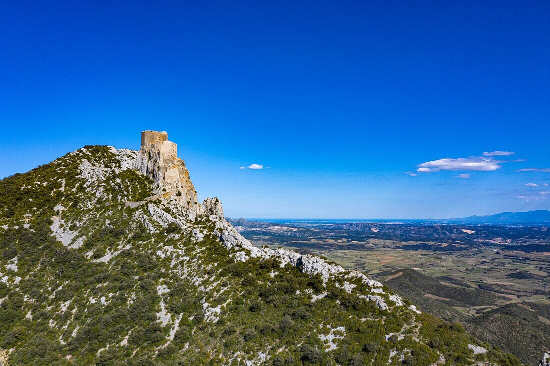 France, Aude, cathare castle of Quéribus, from a drone machine