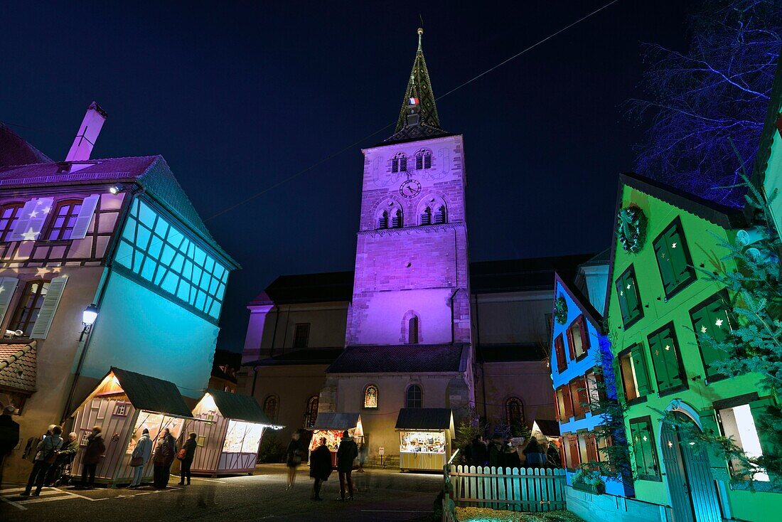 France, Haut Rhin, Turckheim, town hall dated 16th century, Sainte Anne church, houses, Advent windows, illuminations, Christmas market