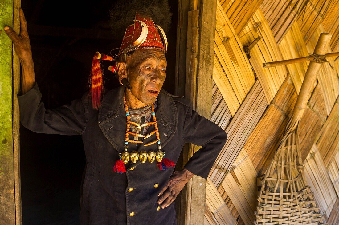 India, Nagaland, Longwa, Konyak tribe, visiting the last tatooed warriors, head hunters