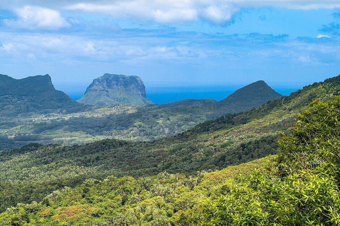 Mauritius,Bezirk Riviere Noire,Plaine Champagne,Panorama und Le Morne Brabant,das zum Weltkulturerbe der UNESCO gehört,im Hintergrund