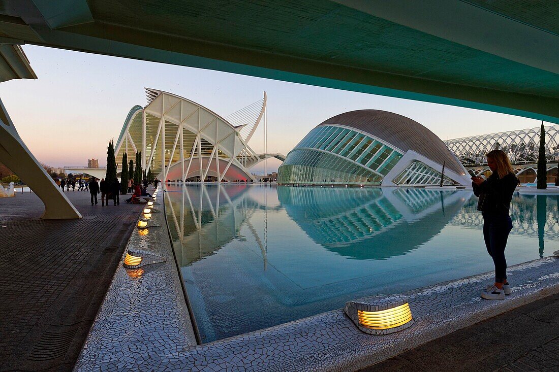 Spain, Valencia, City of Sciences and Arts by architect Santiago Santiago Calatrava, The Hemisferic and Principe Felipe Sciences Museum