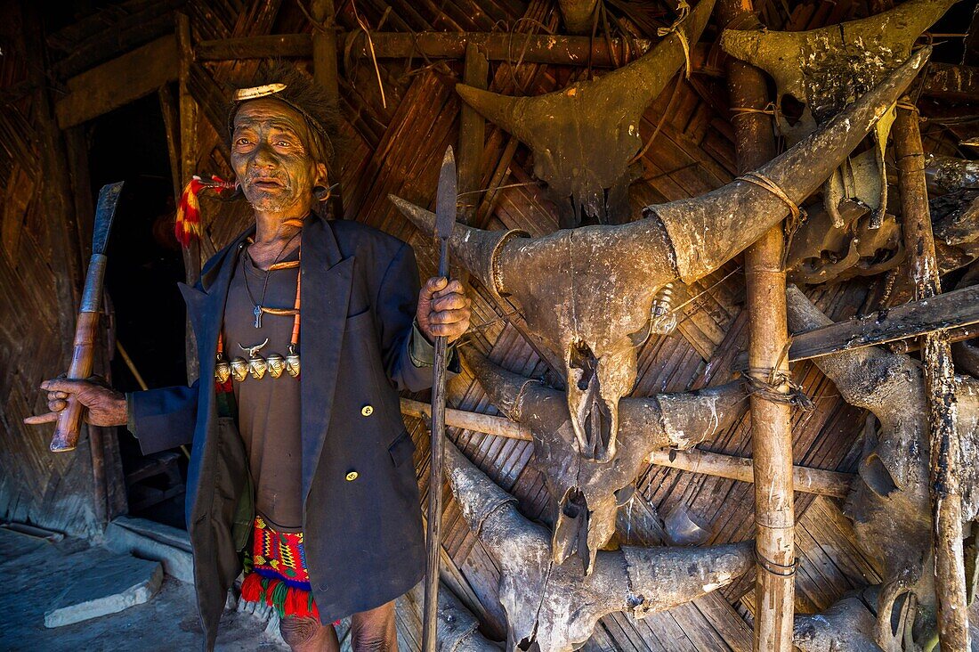 India, Nagaland, Longwa, Konyak tribe, visiting the last tatooed warriors, head hunters