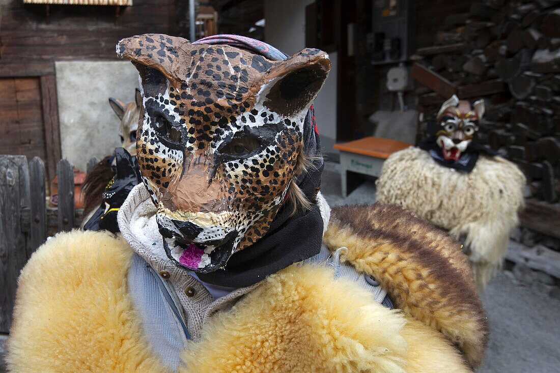 Switzerland, Valais, Evolene valley, Evolene, Carnaval with the Empailles and the Peluches who come from Pagan rites and go around the villages to frighten the bad spirits of winter