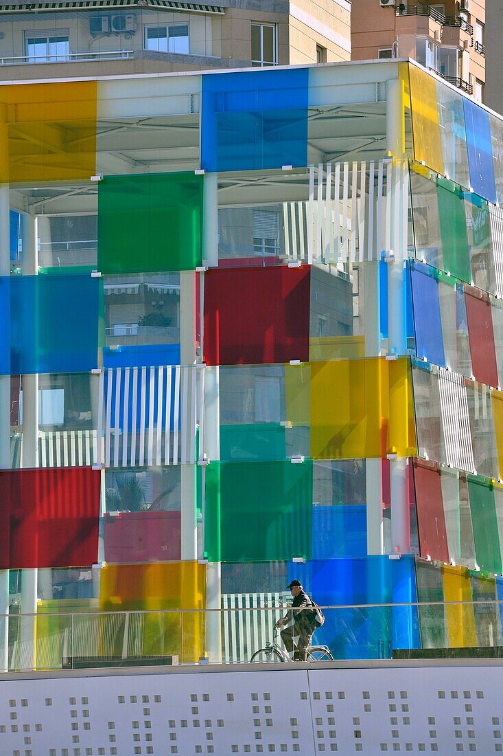 Spain, Andalusia, Costa del Sol, Malaga, the waterfront on the port, The Pompidou Art Centre the Cube by Daniel Buren