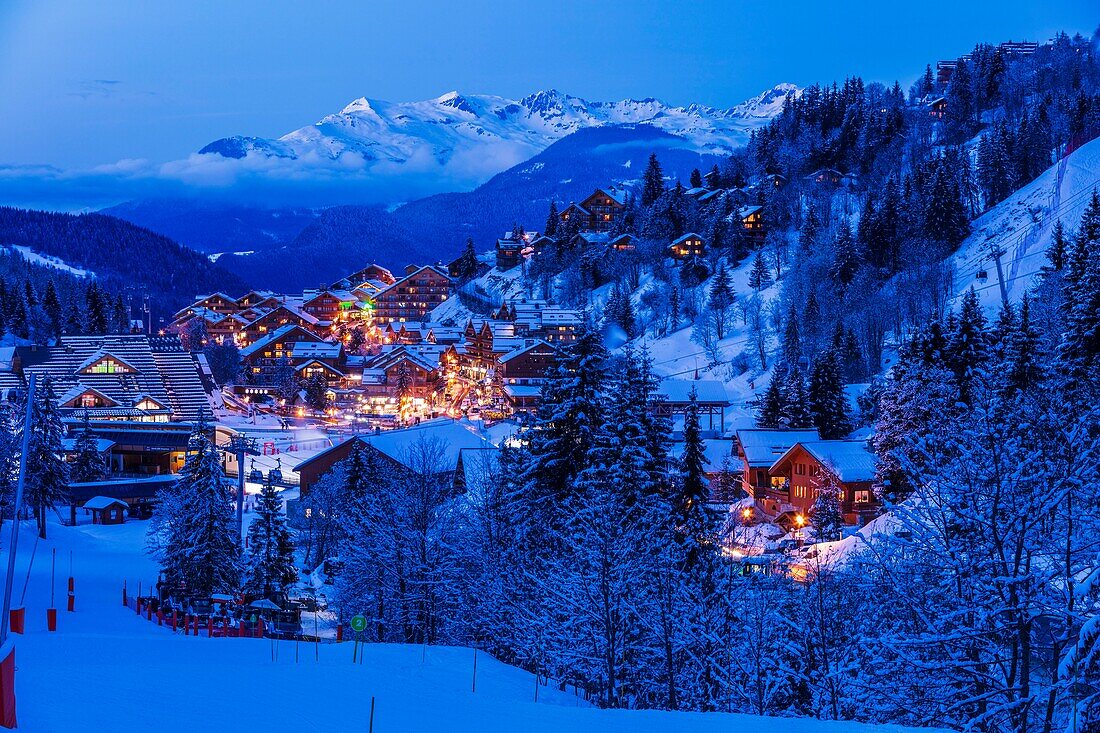 France, Savoie, Tarentaise valley, Meribel in the heart of Les Trois Vallees (The Three Valleys), Vanoise Massif, La Chaudanne with a view of the Mont Jovet (2558m), Tarentaise valley