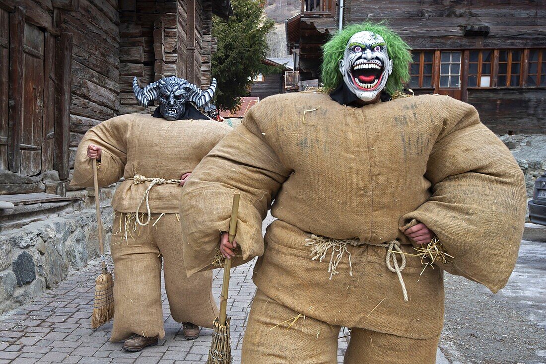 Switzerland, Valais, Evolene valley, Evolene, Carnaval with the Empailles and the Peluches who come from Pagan rites and go around the villages to frighten the bad spirits of winter