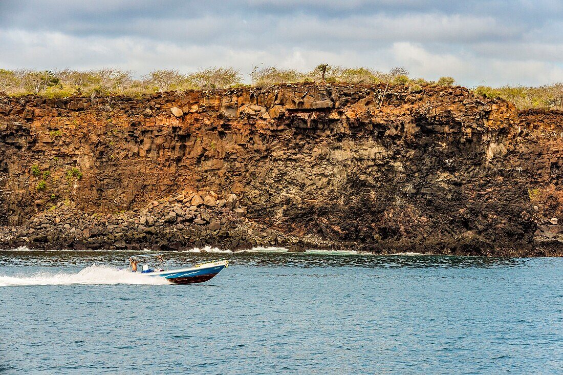 Ecuador,Galapagos-Archipel,von der UNESCO zum Weltkulturerbe erklärt,ein Fischer läuft entlang der Küstenklippen im Nordosten der Insel Santa Cruz