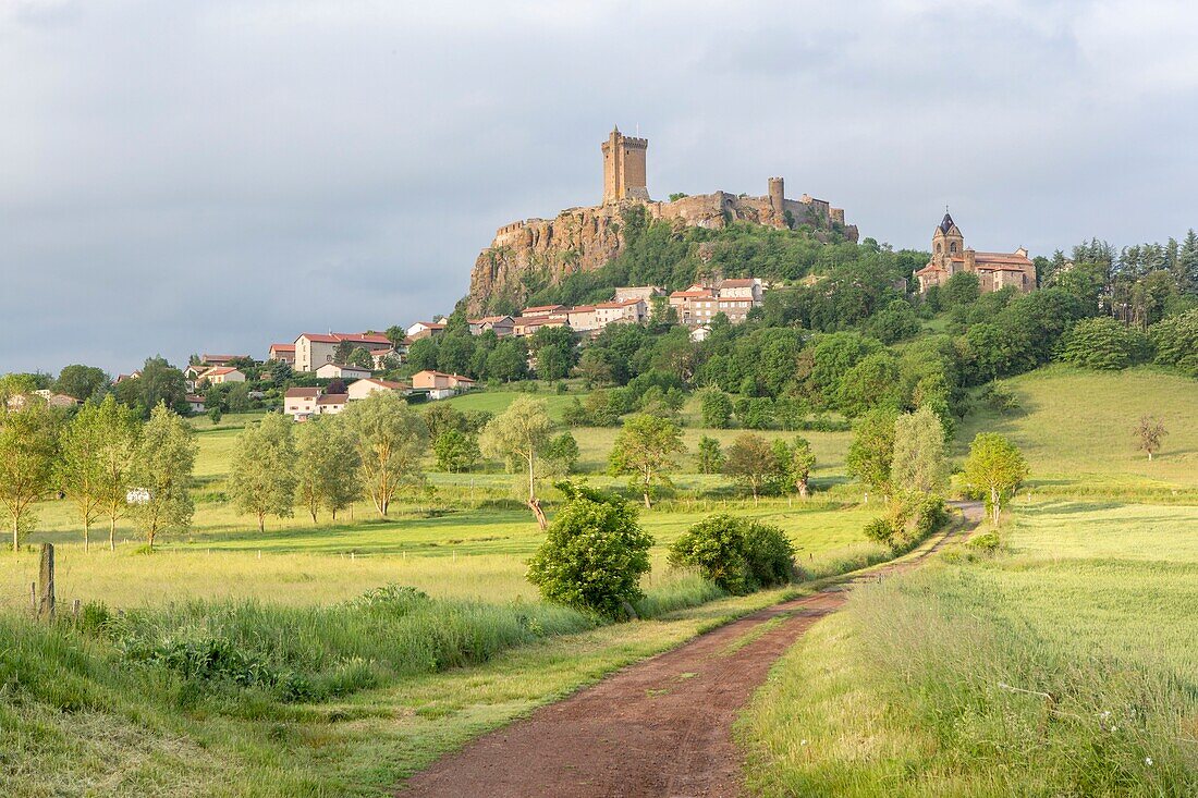 France, Haute Loire, feudal fortress of Polignac dated 11th century standing up on a basaltic mound, Loire valley