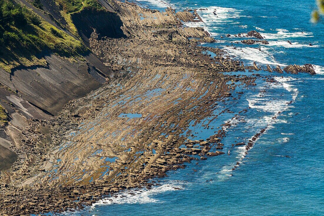 Spain, Basque Country, Guipuzcoa, Zumaia, UNESCO Flysch Geopark, or Basque coastal flat, with stratotypes dating back millions of years