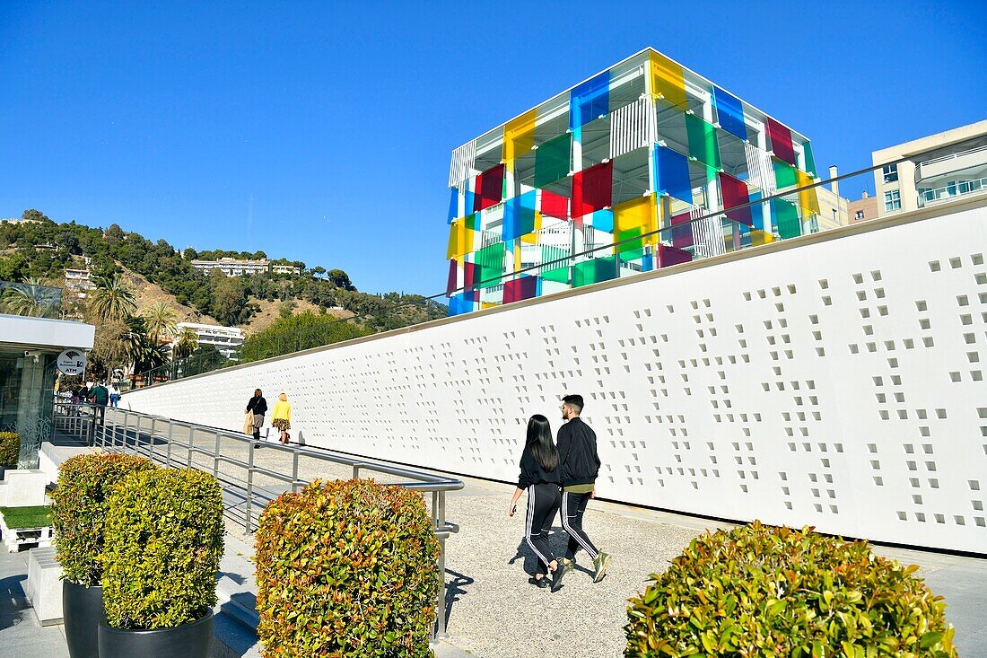 Spain, Andalusia, Costa del Sol, Malaga, the waterfront on the port, The Pompidou Art Centre the Cube by Daniel Buren