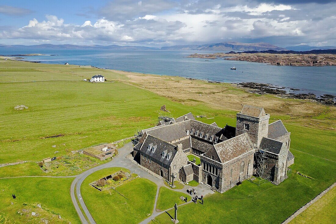 United Kingdom, Scotland, Highland, Inner Hebrides, Isle of Iona facing the Isle of Mull, Iona Abbey on the sea side (aerial view)