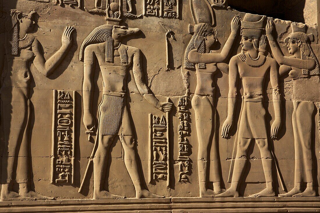 Egypt, Upper Egypt, Nile Valley, Kom Ombo, bas-relief depicting the crocodile god Sobek and pharaoh on a wall of Kom Ombo temple