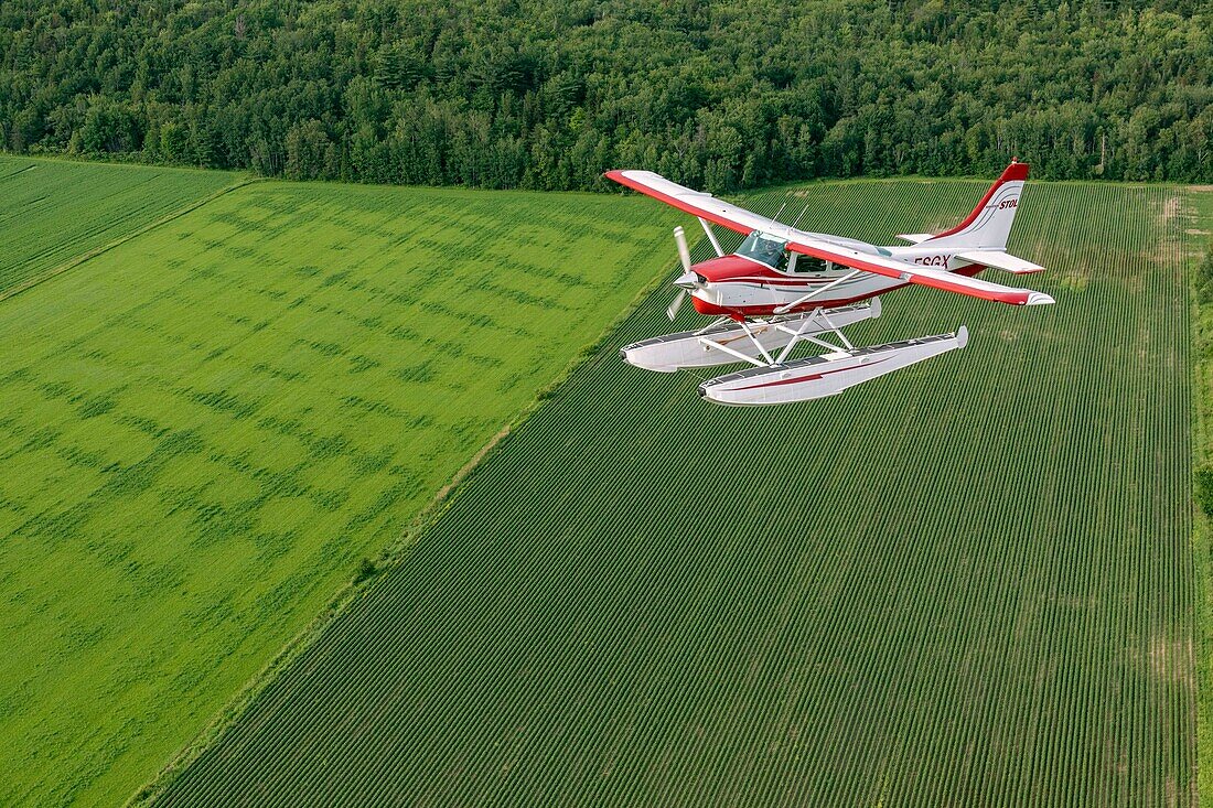 Kanada,Provinz Quebec,Region Mauricie,Hydravion Aventure,Flug einer Cessna 206 über ein bestelltes Feld