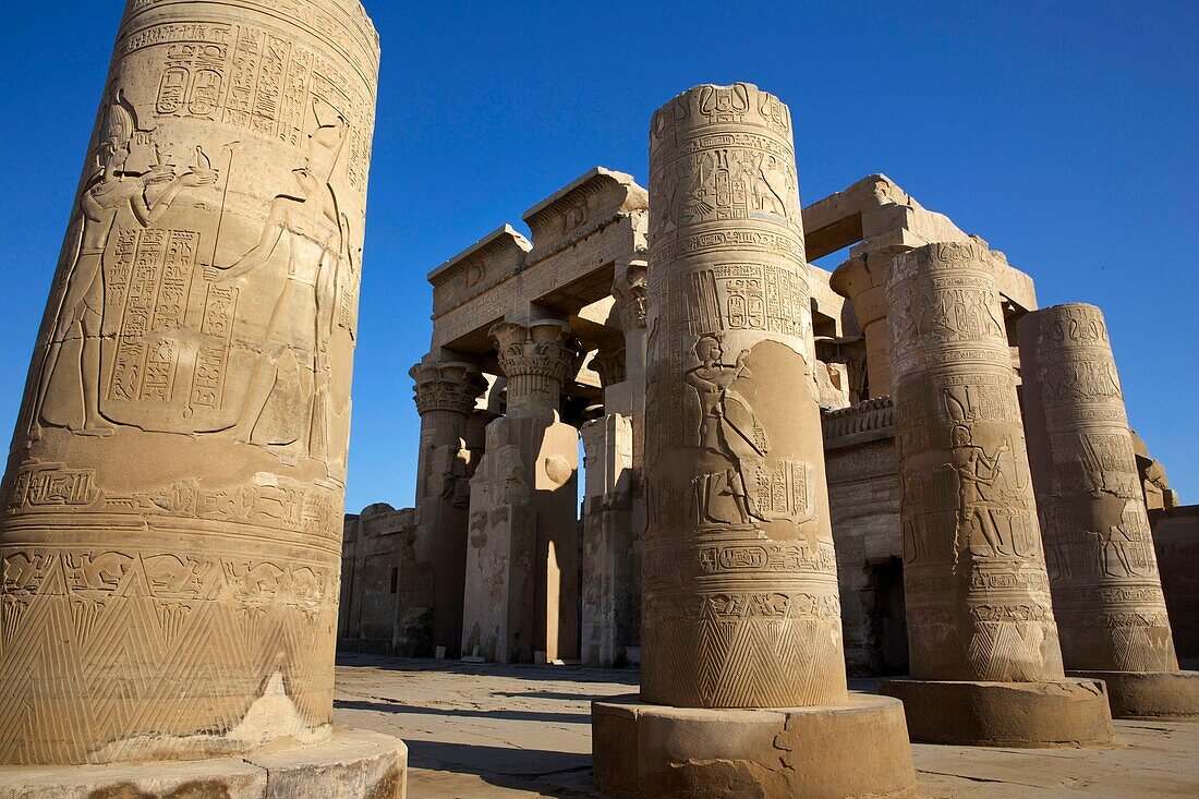 Egypt, Upper Egypt, Nile Valley, Kom Ombo, columns decorated with bas-reliefs in front of Kom Ombo temple